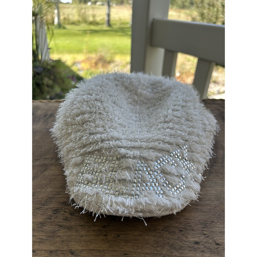 Jamont Womens Fuzzy Newsboy Cap White Rhinestone Bling 100% Cotton